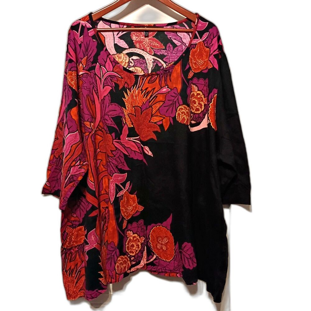 Ulla Popken Black Red Purple Floral Top 100% Cotton Scoop Neck Women's 32